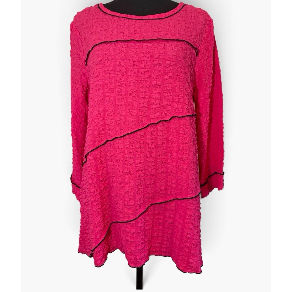 Ali Miles NWT Pink Black Trim Knit Round Neck 3/4 Sleeve Textured Tunic Blouse M